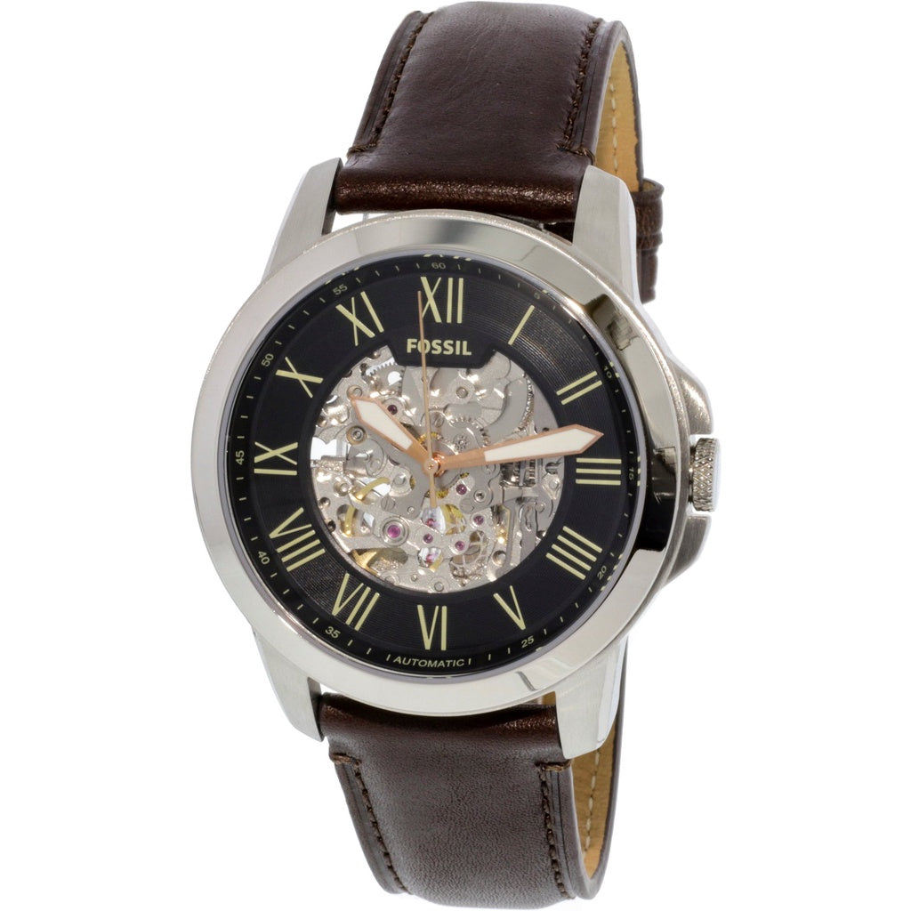 Fossil Grant Automatic Skeleton Black Dial Brown Leather Strap Watch for Men - ME3100 Watches Fossil   