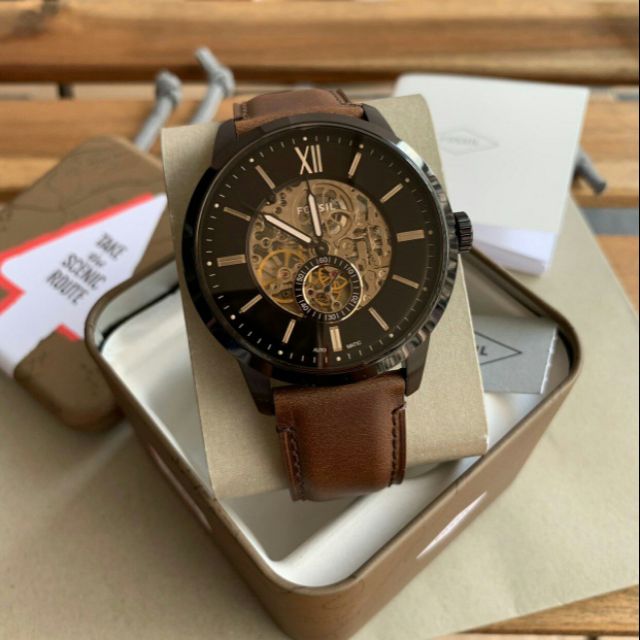 Fossil Townsman Automatic Black Dial Brown Leather Strap Watch for Men - ME3155 Watches Fossil   