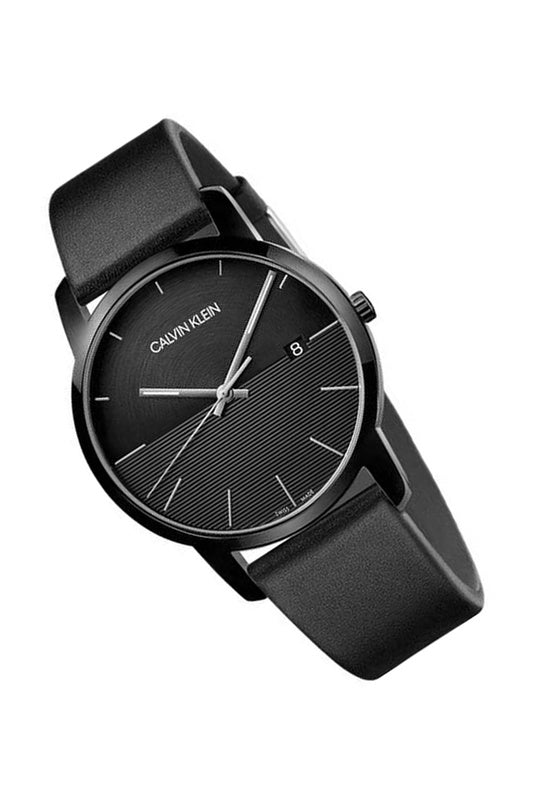 Calvin Klein City Quartz Black Dial Black Leather Strap Watch for Men - K2G2G4C1 Watches Calvin Klein   