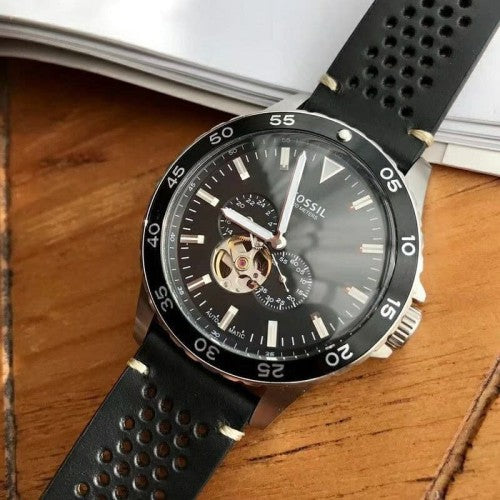 Fossil Crewmaster Sports Automatic Black Dial Black Leather Strap Watch for Men - ME3148 Watches Fossil   
