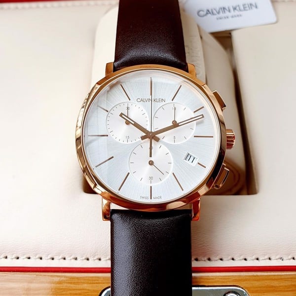 Calvin Klein Posh Chronograph White Dial Brown Leather Strap Watch for Men - K8Q376G6 Watches Calvin Klein   