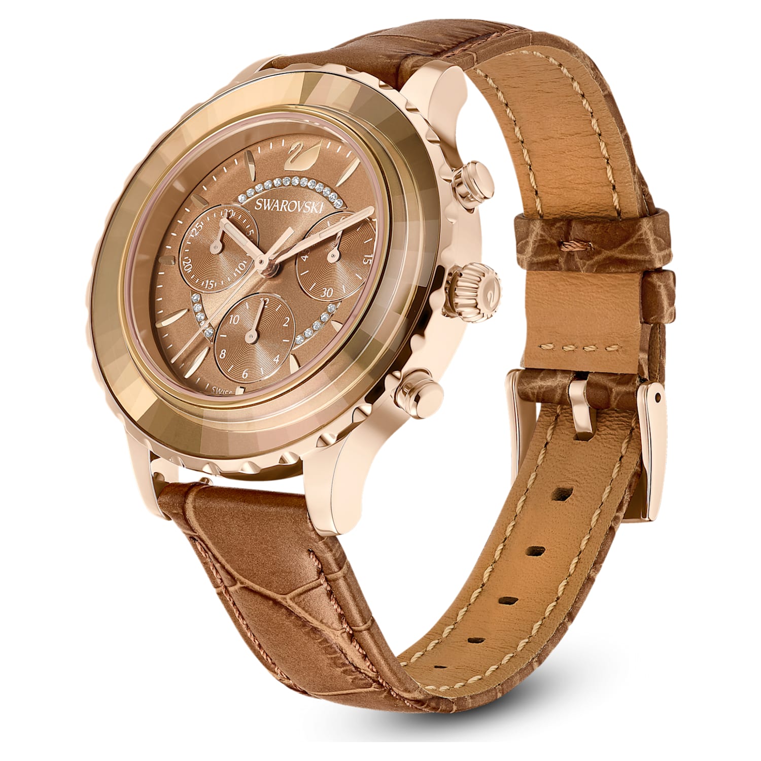 Swarovski Octea Lux Chrono Brown Gold Dial Brown Leather Strap Watch for Women - 5632260 Watches Swarovski   