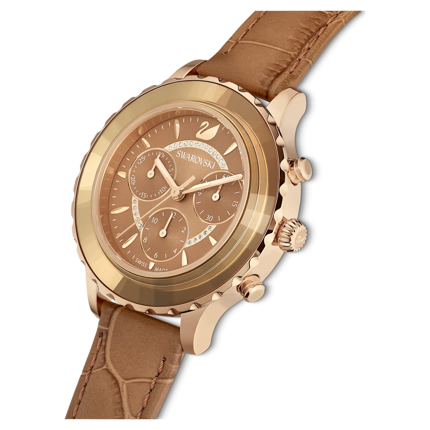 Swarovski Octea Lux Chrono Brown Gold Dial Brown Leather Strap Watch for Women - 5632260 Watches Swarovski   