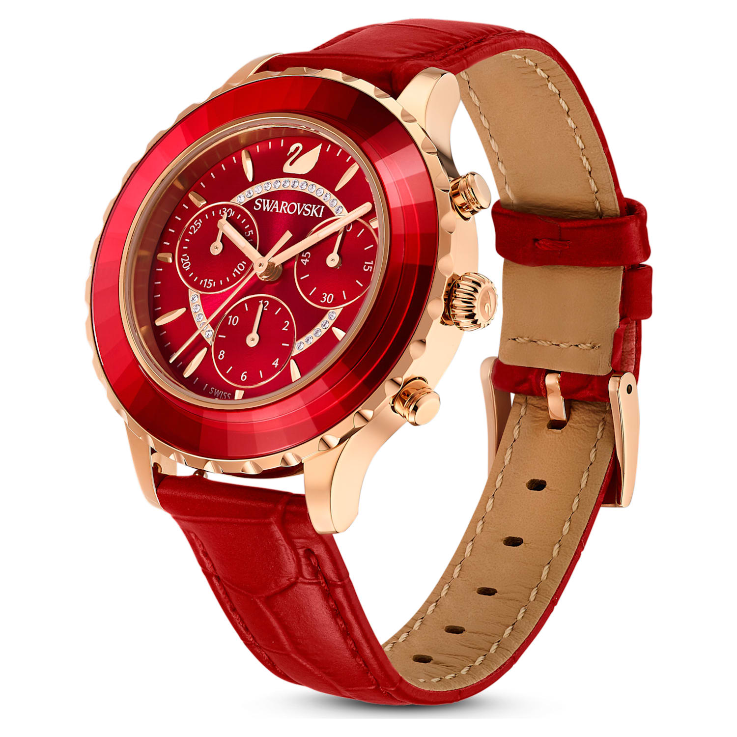 Swarovski Octea Lux Chrono Red Dial Red Leather Strap Watch for Men - 5646975 Watches Swarovski   