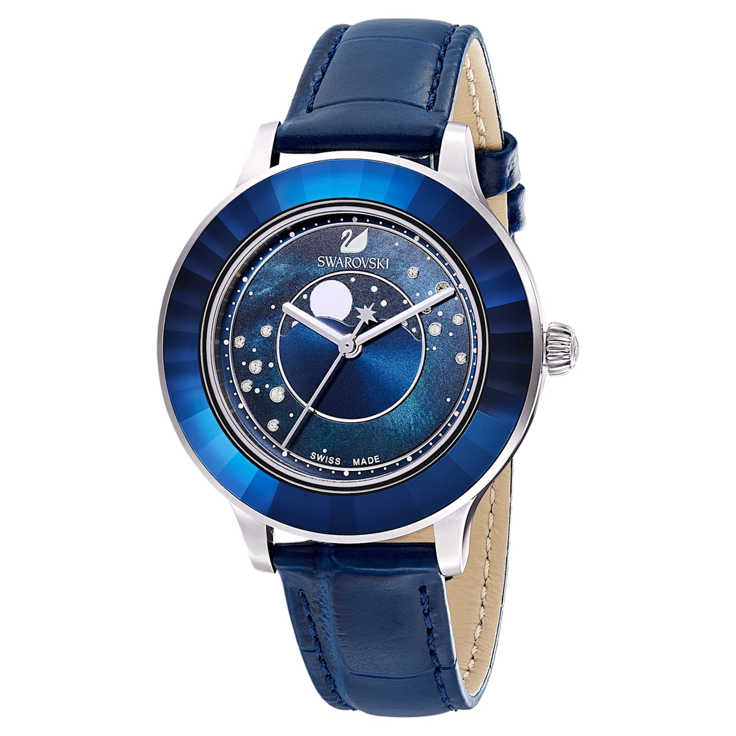 Swarovski Octea Lux Moon Crystal Blue Dial Blue Leather Strap Watch for Women - 5516305 Watches Swarovski   