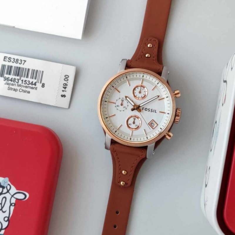 Fossil Boyfriend Chronograph White Dial Brown Leather Strap Watch for Women - ES3837 Watches Fossil   