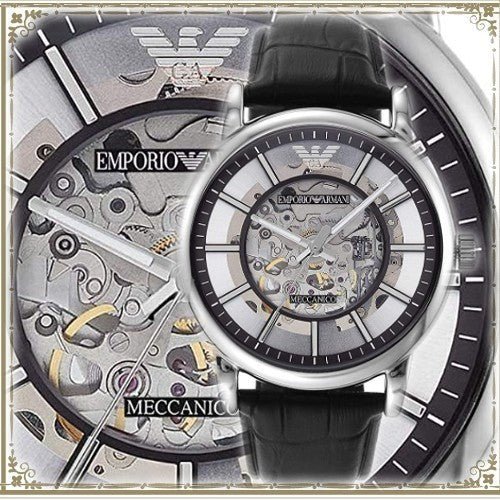 Emporio Armani Luigi Silver Skeleton Dial Black Leather Strap Watch For Men - AR1981 Watches Emporio Armani   