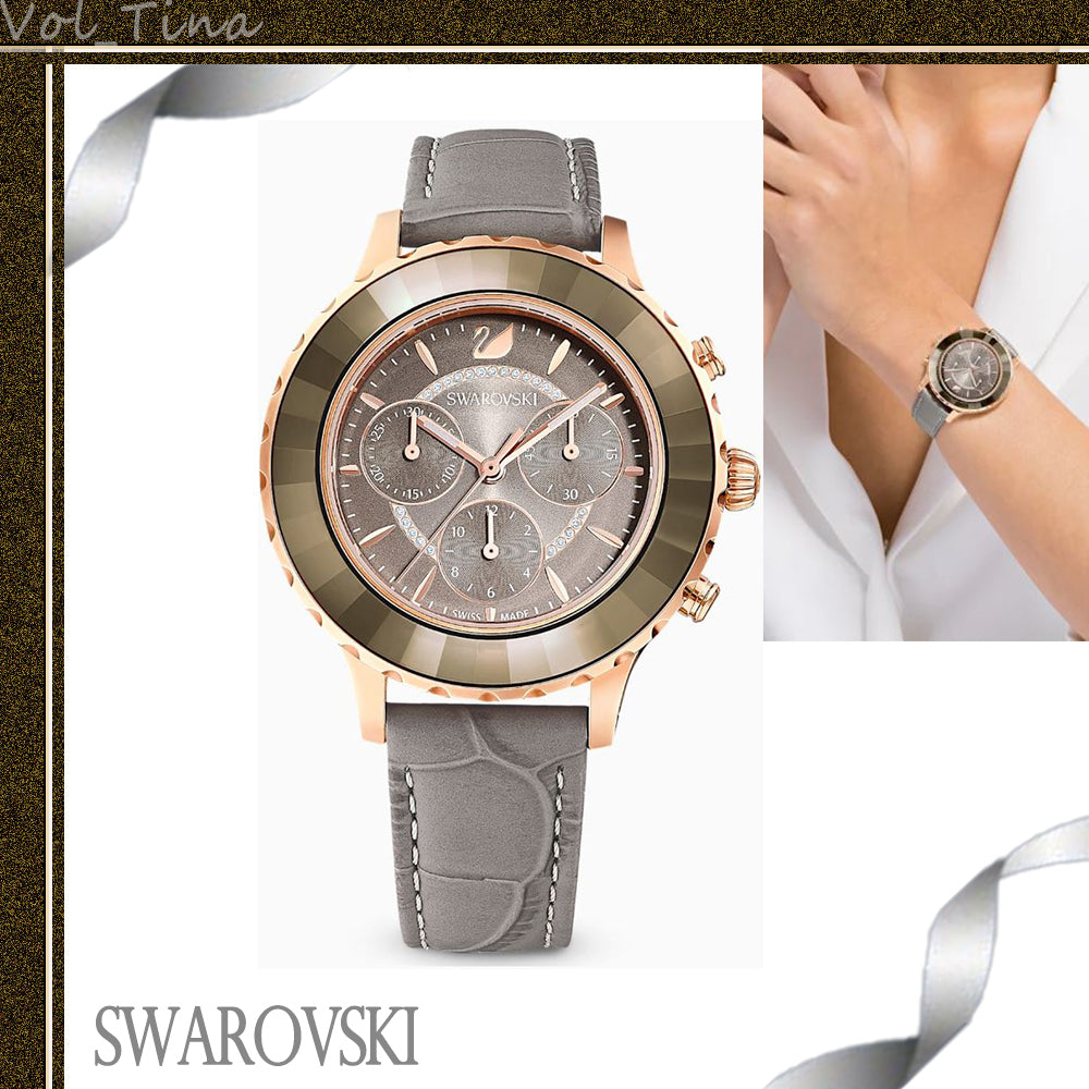 Swarovski Octea Lux Chrono Grey Dial Grey Leather Strap Watch for Women - 5452495 Watches Swarovski   