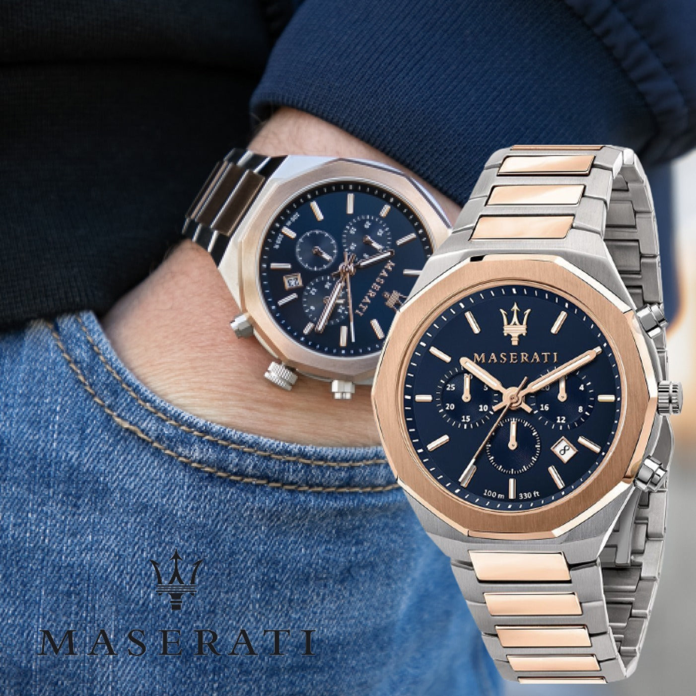 Maserati Stile Chronograph Blue Dial Rose Gold Two Tone Strap Watch For Men - R8873642002 Watches Maserati   