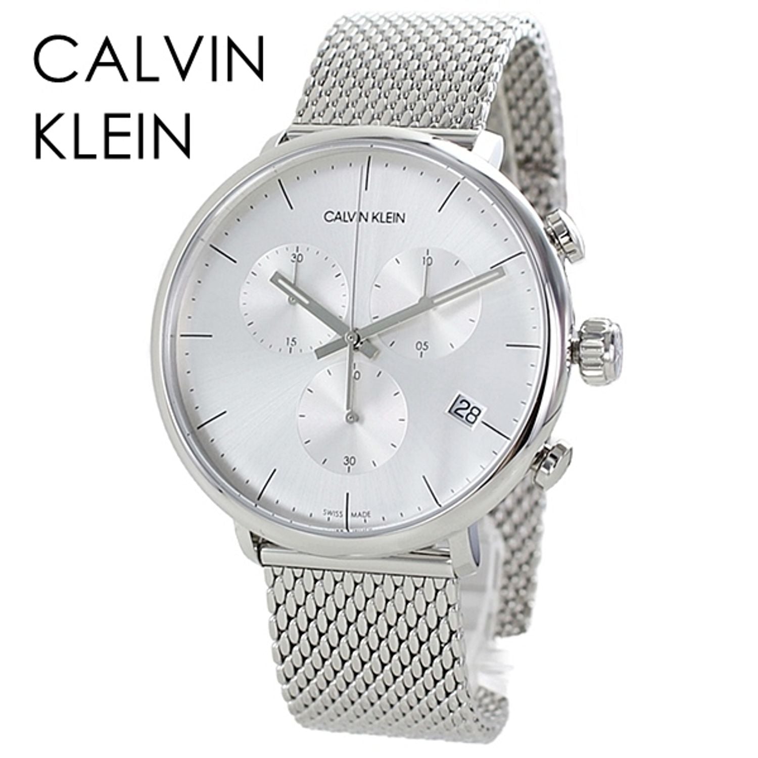 Calvin Klein High Noon Silver Dial Silver Mesh Bracelet Watch for Men - K8M27126 Watches Calvin Klein   