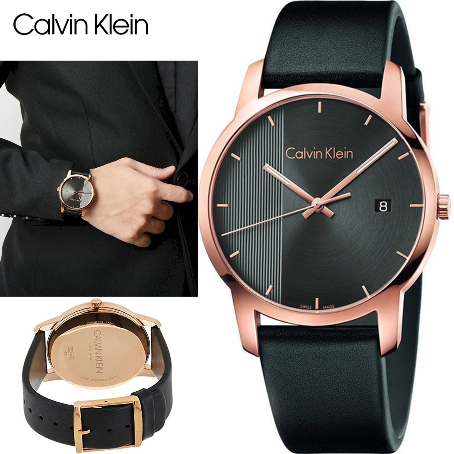 Calvin Klein City Quartz Grey Dial Black Leather Strap Watch for Men - K2G2G6C3 Watches Calvin Klein   