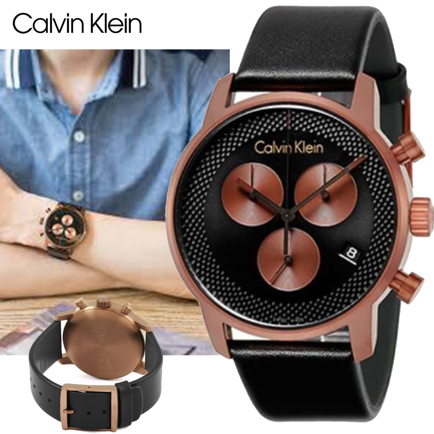 Calvin Klein City Chronograph Black Dial Black Leather Strap Watch for Men - K2G17TC1 Watches Calvin Klein   