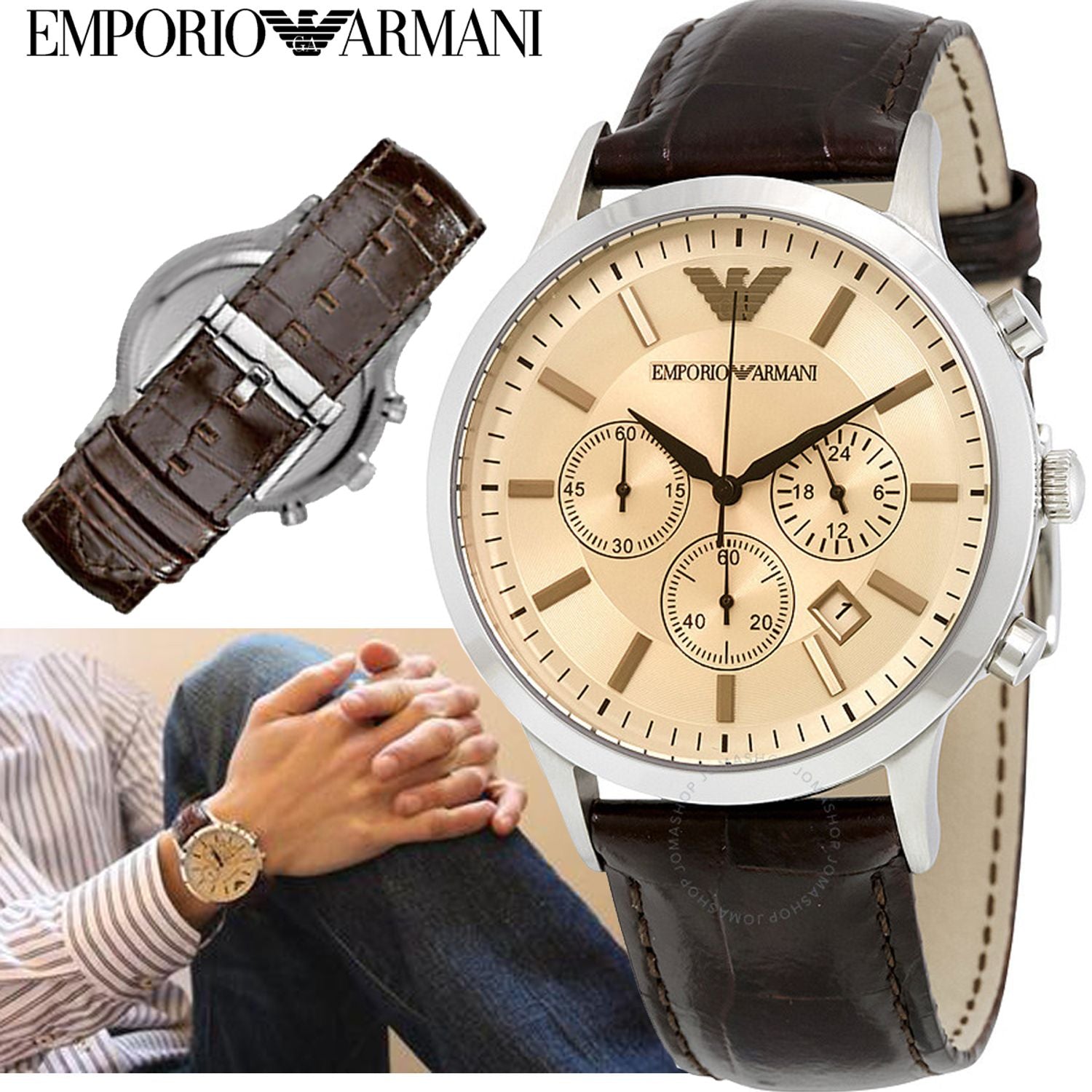 Emporio Armani Classic Chronograph Beige Dial Brown Leather Strap Watch For Men - AR2433 Watches Emporio Armani   