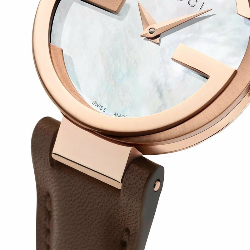 Gucci G Interlocking Mother of Pearl Dial Brown Leather Strap Watch For Women - YA133516 Watches Gucci   