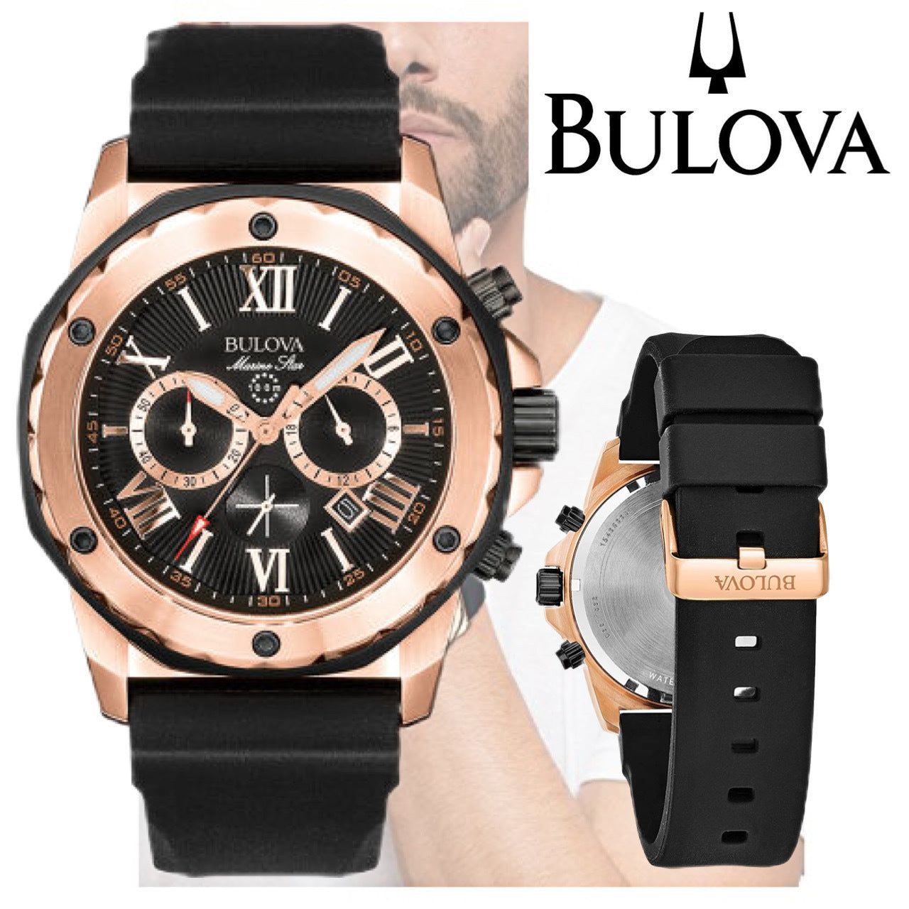 Bulova Marine Star Chronograph Black Dial Black Leather Strap Watch for Men - 98B104 Watches Bulova   