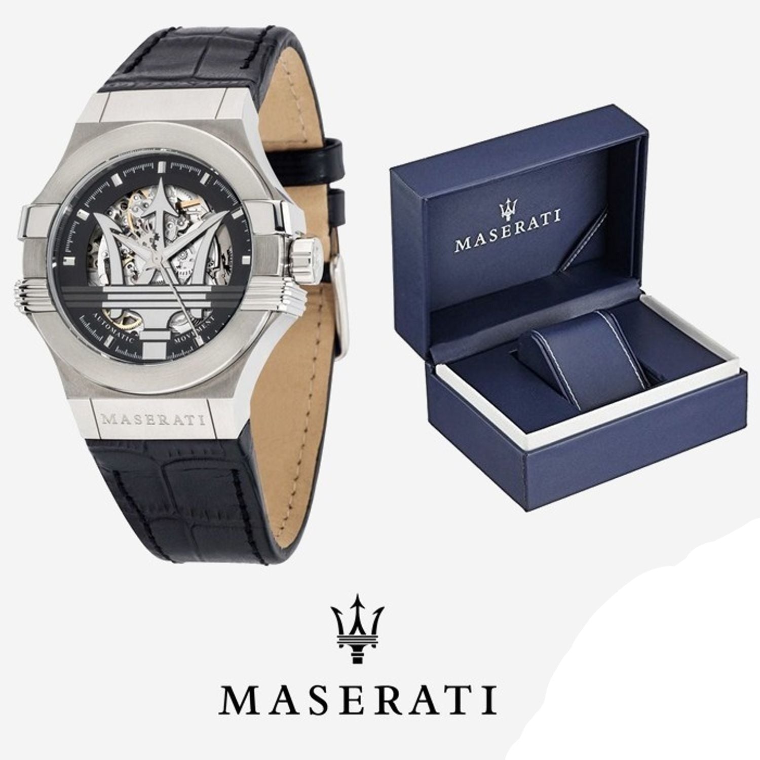 Maserati Potenza Automatic Black Dial Black Leather Strap Watch For Men - R8821108001 Watches Maserati   