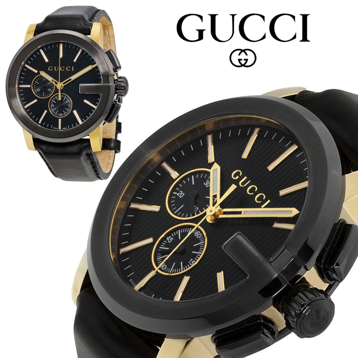 Gucci G Chrono Black Dial Black Leather Strap Watch For Men - YA101203 Watches Gucci   