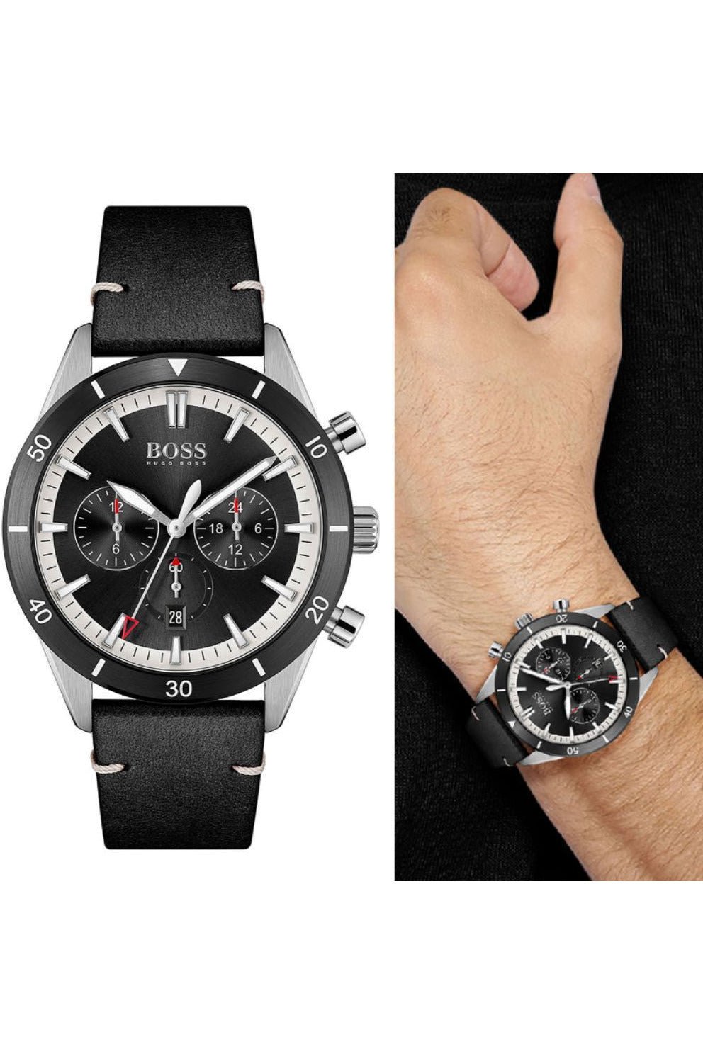 Hugo Boss Chronograph Black Dial Black Leather Strap Watch for Men - 1513864 Watches Hugo Boss   