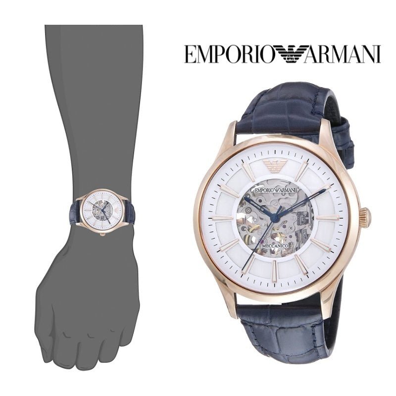 Emporio Armani Meccanico Automatic White Dial Blue Leather Strap Watch For Men - AR1947 Watches Emporio Armani   