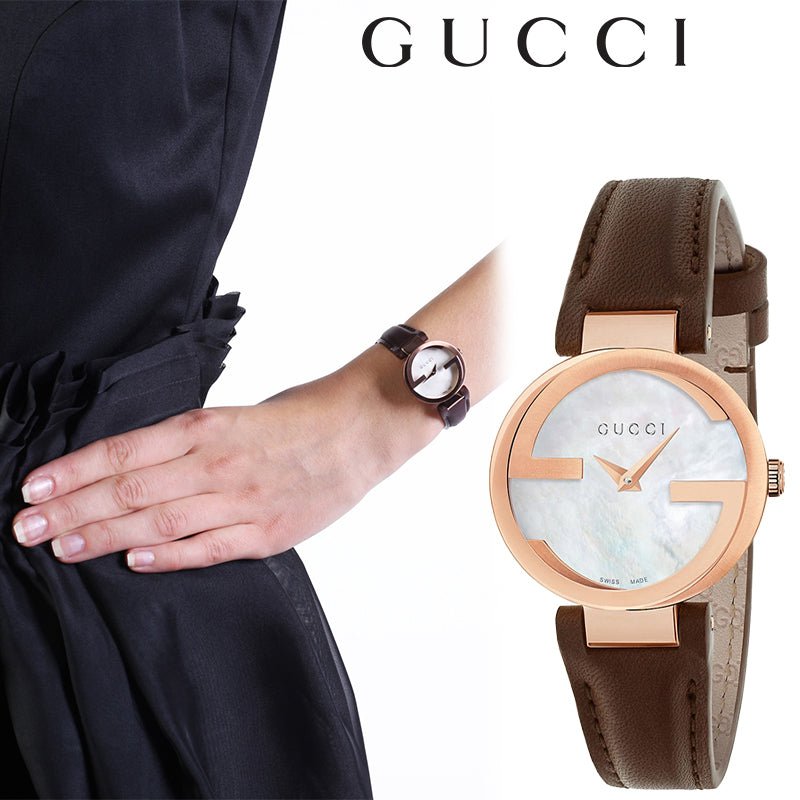 Gucci G Interlocking Mother of Pearl Dial Brown Leather Strap Watch For Women - YA133516 Watches Gucci   