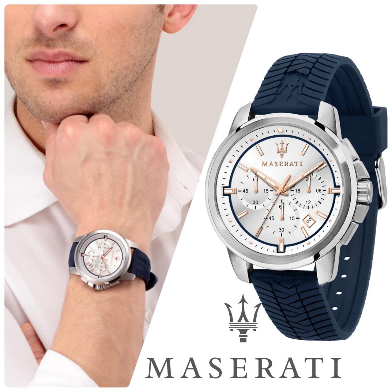 Maserati Successo Chronograph White Dial Blue Rubber Strap Watch For Men - R8871621013 Watches Maserati   