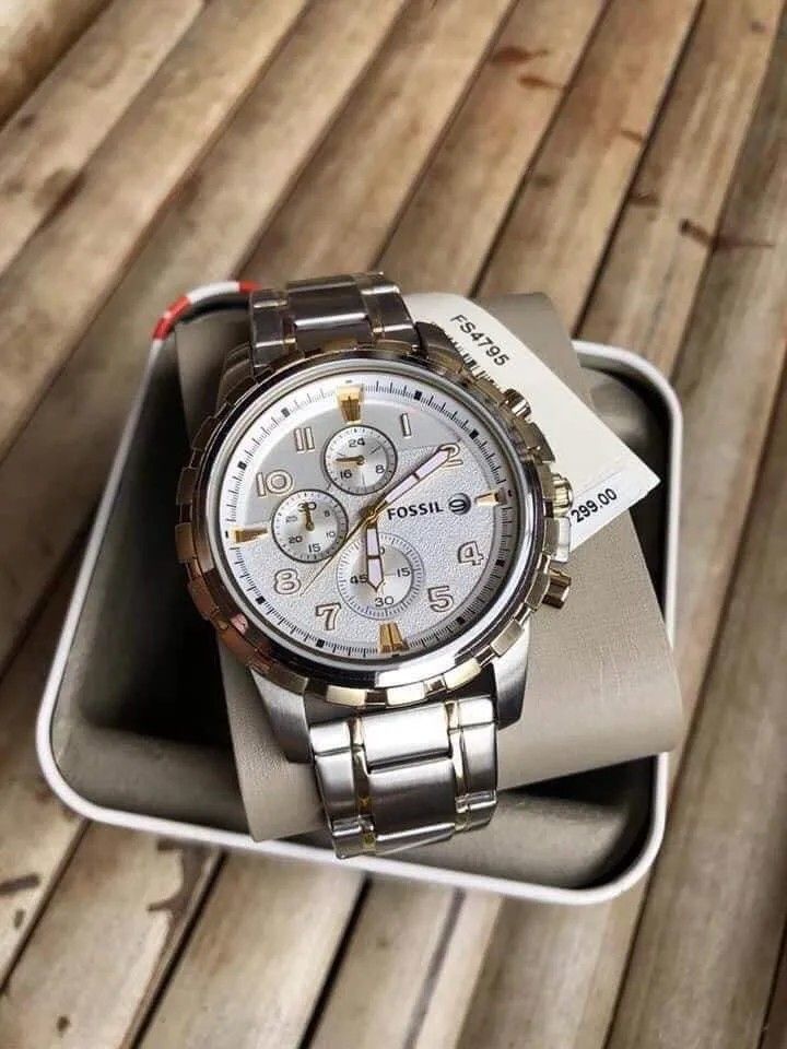 Fossil Dean Chronograph White Dial Silver Steel Strap Watch for Men - FS4795 Watches Fossil   