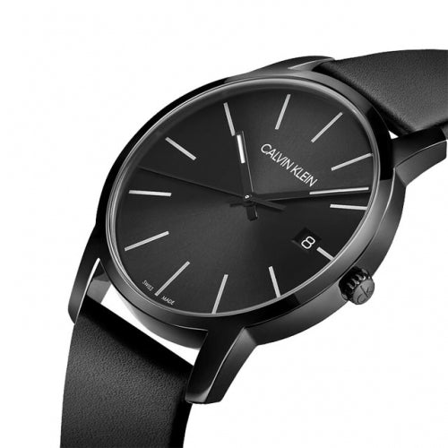 Calvin Klein City Quartz Black Dial Black Leather Strap Watch for Men - K2G2G4CX Watches Calvin Klein   