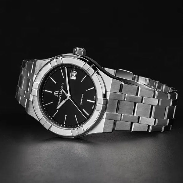 Maurice Lacroix Aikon Date Quartz Black Dial Silver Steel Strap Watch for Men - AI1108-SS002-330-1 Watches Maurice Lacroix   