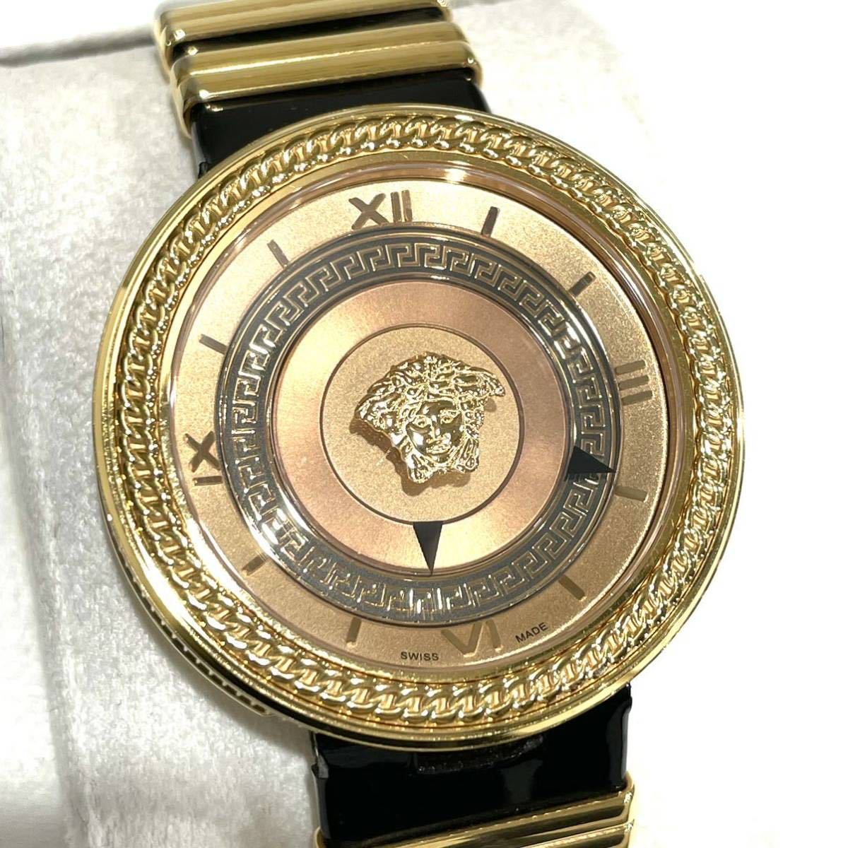 Versace V Metal Icon Gold Dial Black & Gold Strap Watch for Women - VLC030014 Watches Versace   