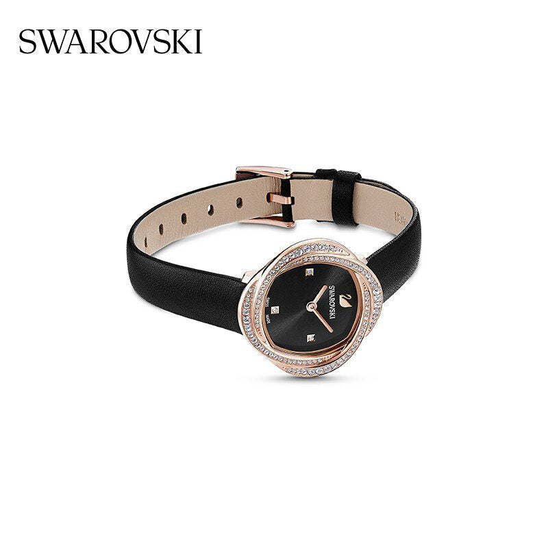 Swarovski Crystal Flower Black Dial Black Leather Strap Watch for Women - 5552421 Watches Swarovski   