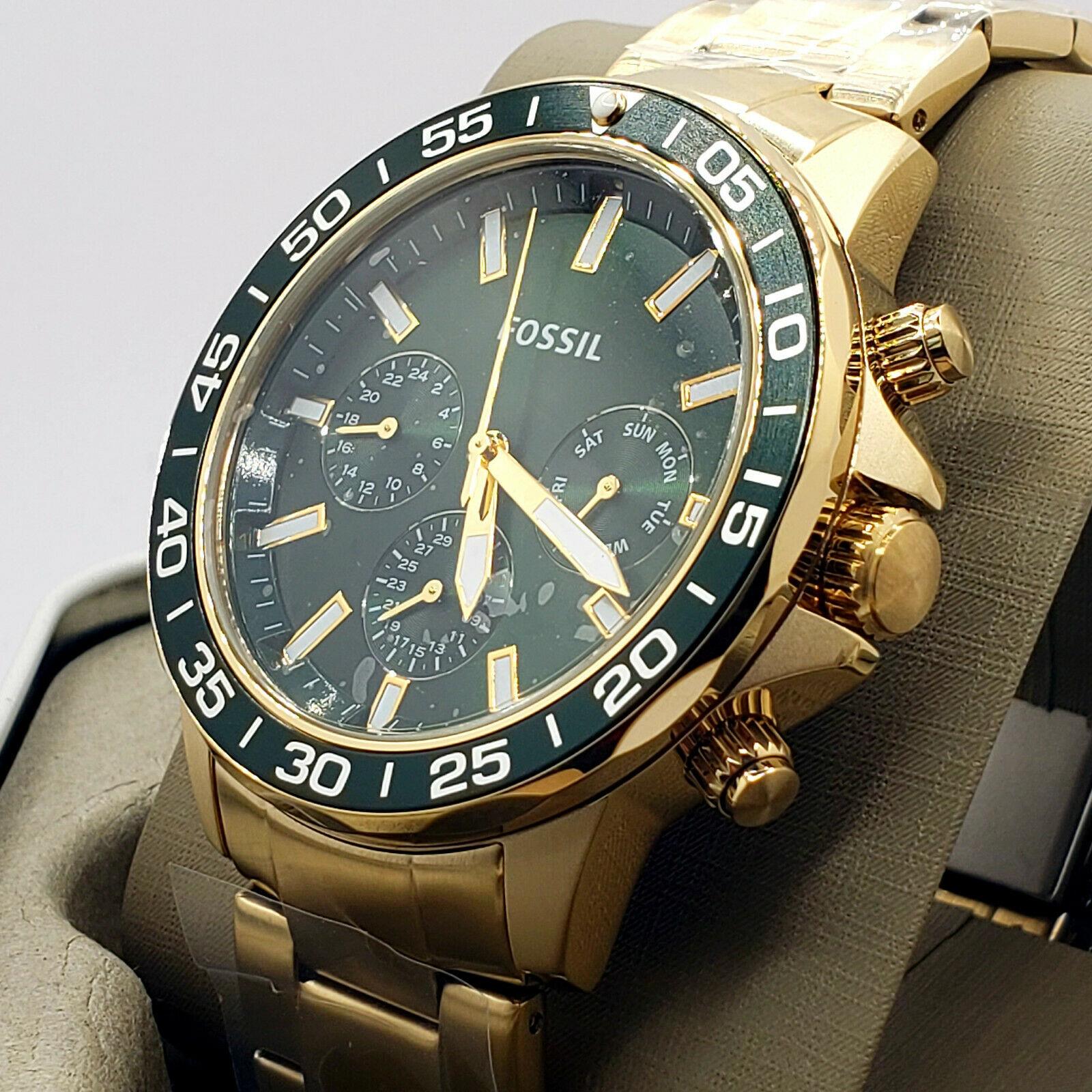 Fossil Bannon Multifunction Chronograph Green Dial Gold Steel Strap Watch for Men - BQ2493 Watches Fossil   