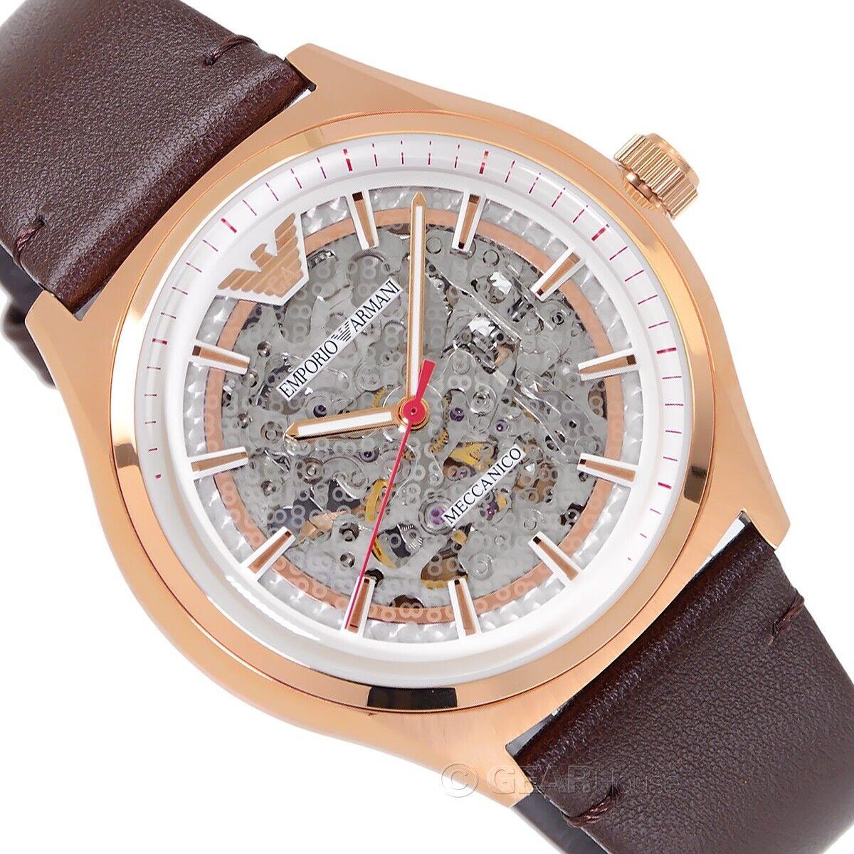 Emporio Armani Meccanico White Skeleton Dial Brown Leather Strap Watch For Men - AR60005 Watches Emporio Armani   