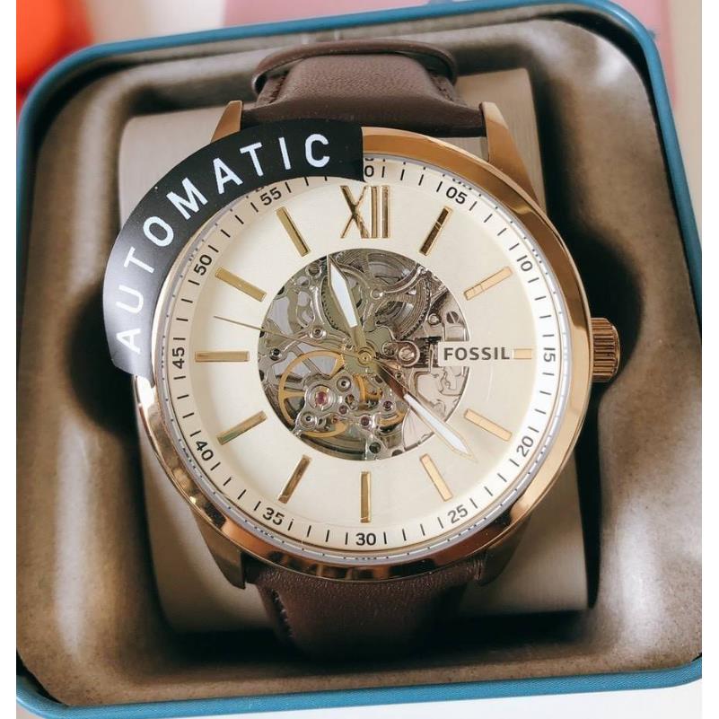 Fossil Flynn Mechanical Skeleton Champagne Dial Brown Leather Strap Watch for Men - BQ2215 Watches Fossil   