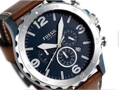 Fossil Nate Chronograph Navy Blue Dial Brown Leather Strap Watch for Men - JR1504 Watches Fossil   