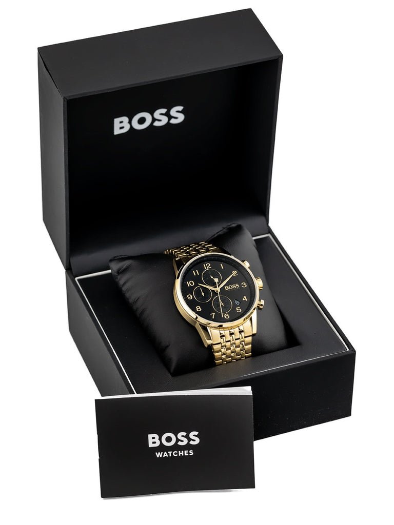 Hugo Boss Navigator Black Dial Gold Steel Strap Watch for Men - 1513531 Watches Hugo Boss   