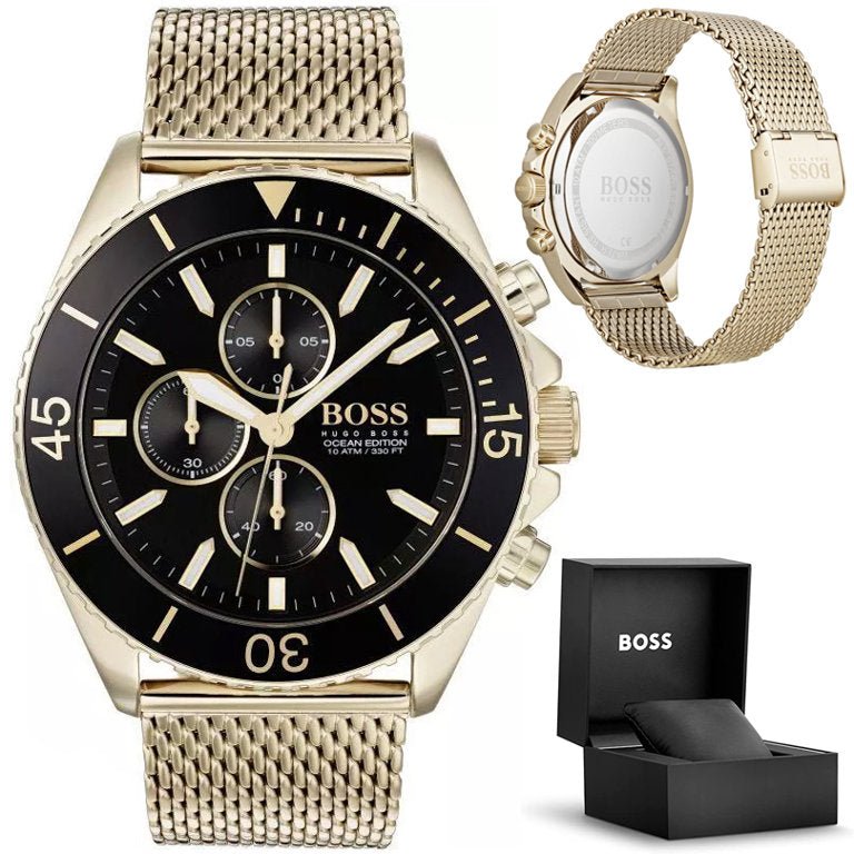 Hugo Boss Ocean Edition Black Dial Gold Mesh Bracelet Watch for Men - 1513703 Watches Hugo Boss   