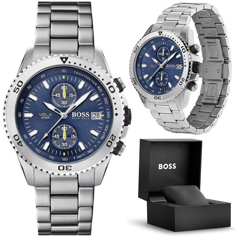 Hugo Boss Vela Chronograph Diver Blue Dial Silver Steel Strap Watch for Men - 1513775 Watches Hugo Boss   