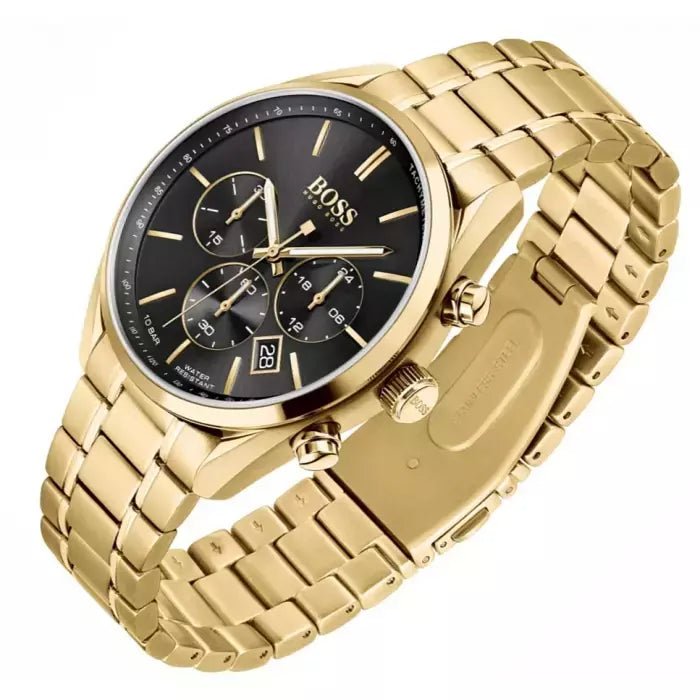 Hugo Boss Champion Black Dial Gold Steel Strap Watch for Men - 1513848 Watches Hugo Boss   