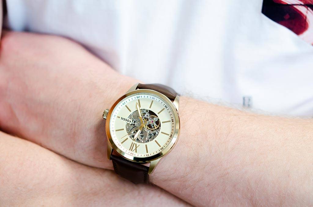 Fossil Flynn Mechanical Skeleton Champagne Dial Brown Leather Strap Watch for Men - BQ2215 Watches Fossil   