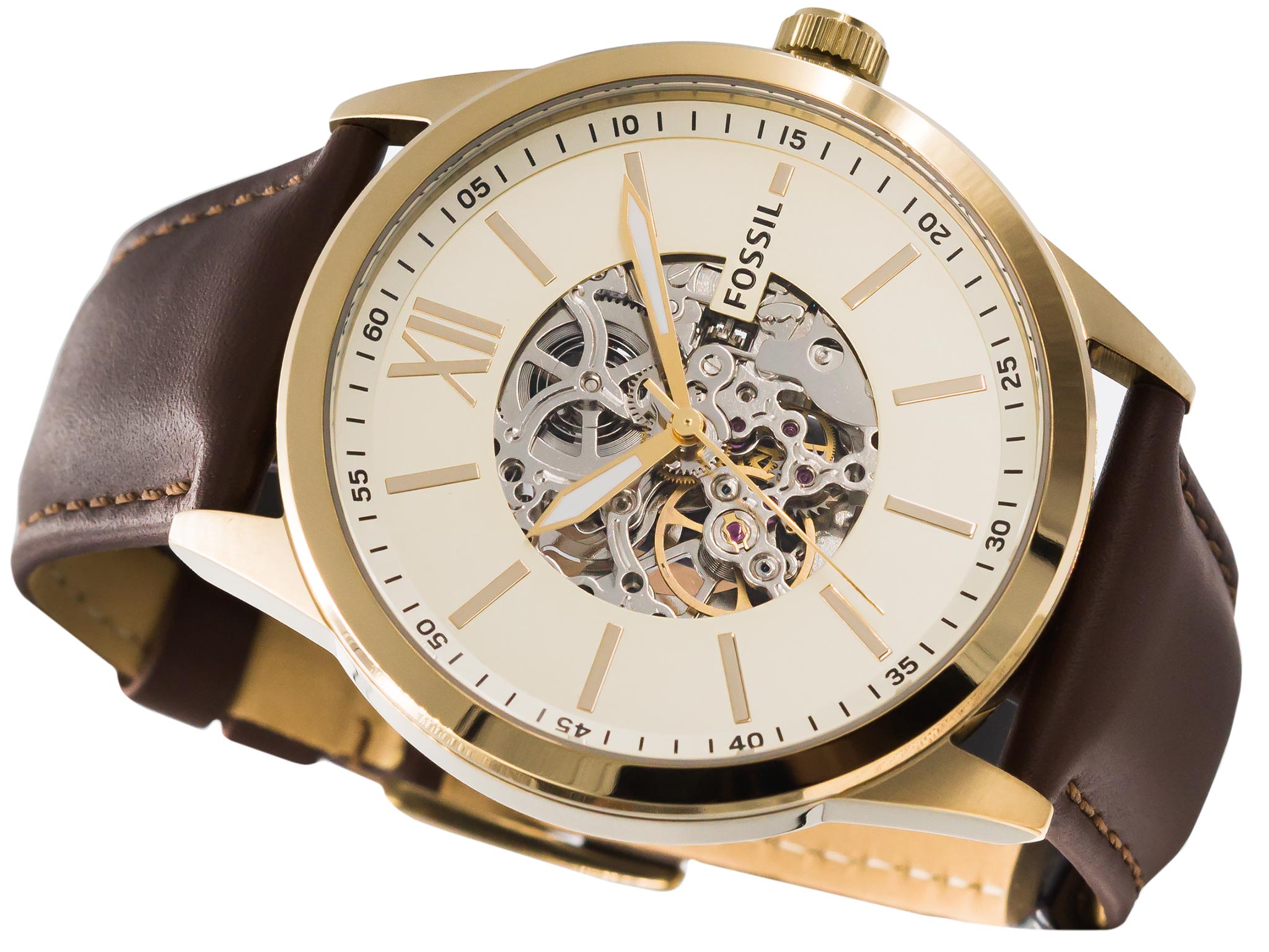 Fossil Flynn Mechanical Skeleton Champagne Dial Brown Leather Strap Watch for Men - BQ2215 Watches Fossil   
