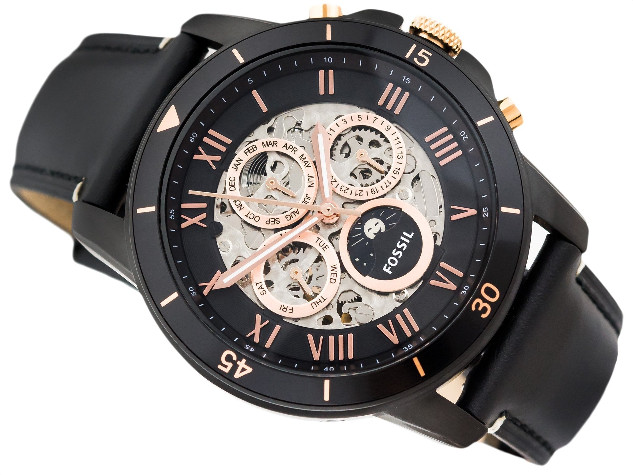 Fossil Grant Sport Automatic Skeleton Black Dial Black Leather Strap Watch for Men - ME3138 Watches Fossil   