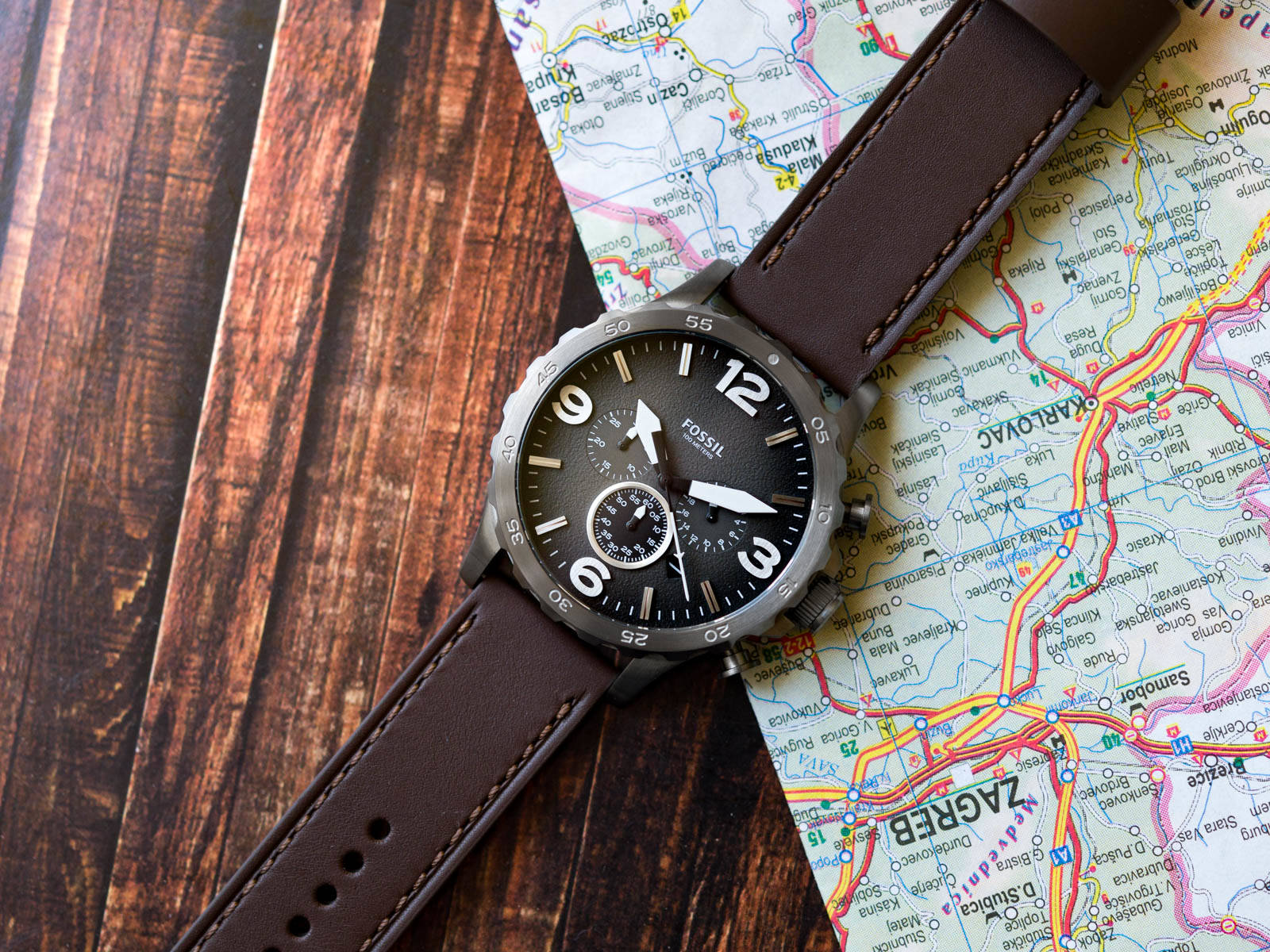Fossil Nate Chronograph Grey Dial Brown Leather Strap Watch for Men - JR1424 Watches Fossil   