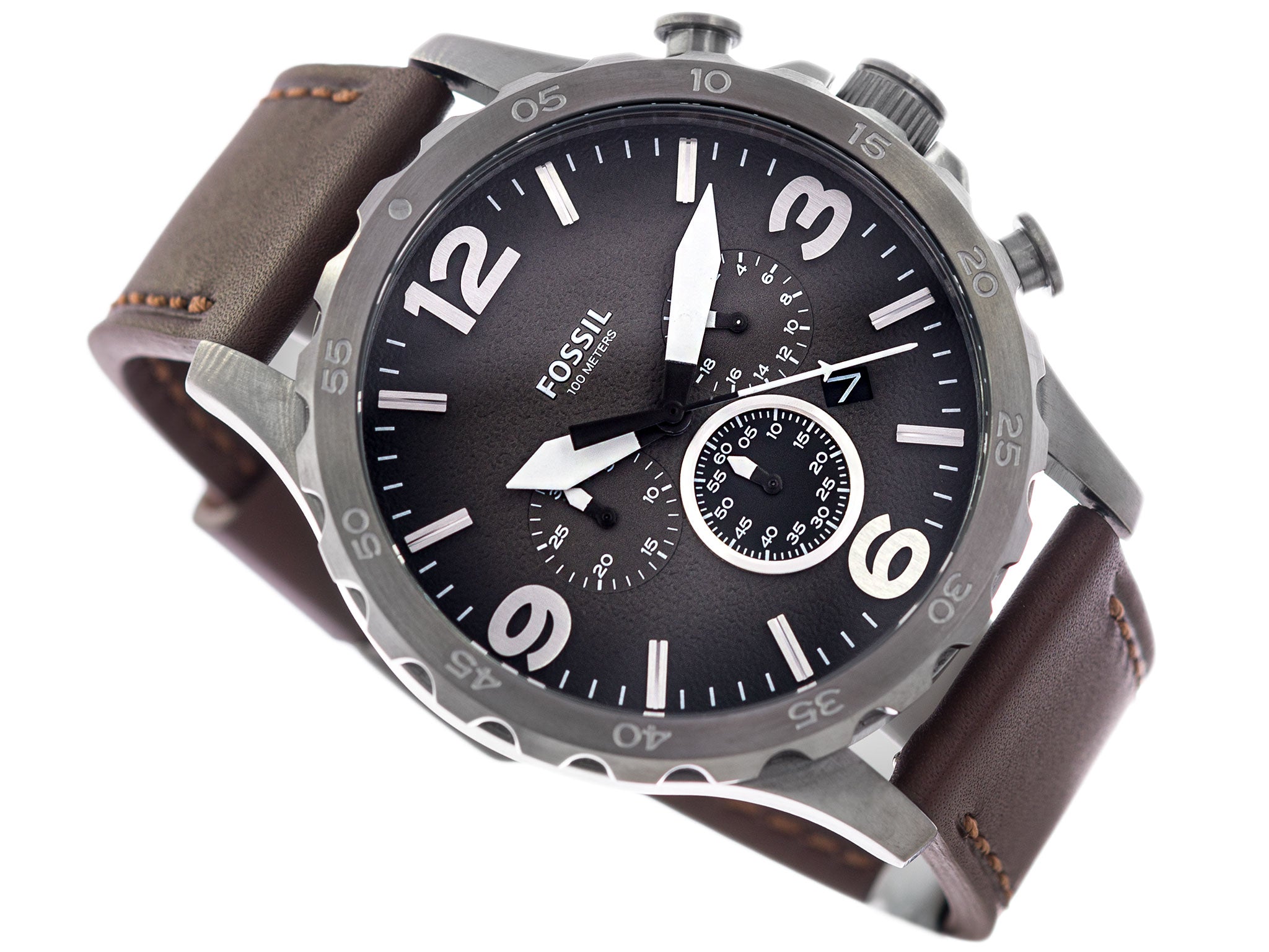 Fossil Nate Chronograph Grey Dial Brown Leather Strap Watch for Men - JR1424 Watches Fossil   