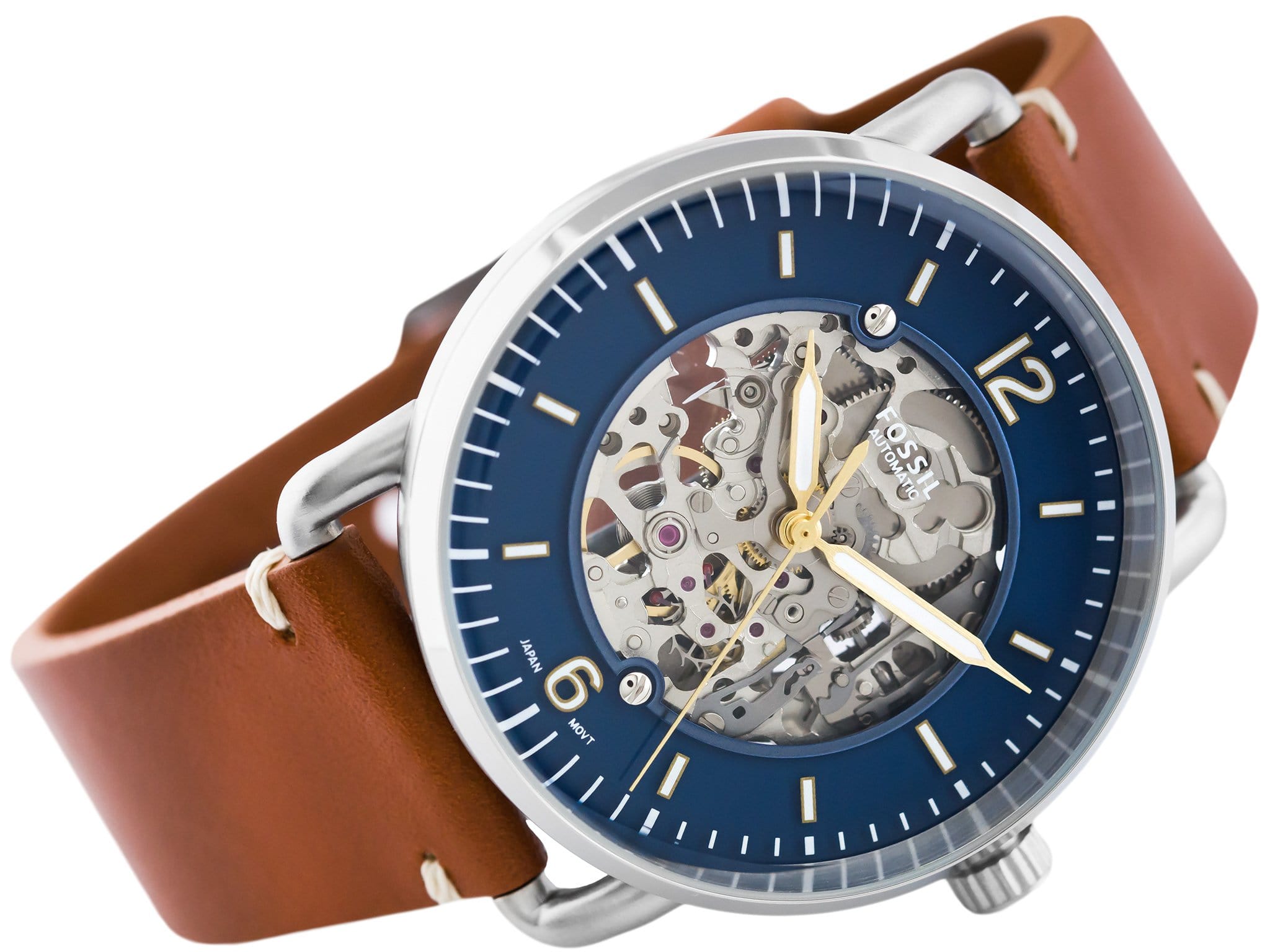 Fossil Commuter Automatic Skeleton Blue Dial Brown Leather Strap Watch for Men - ME3159 Watches Fossil   