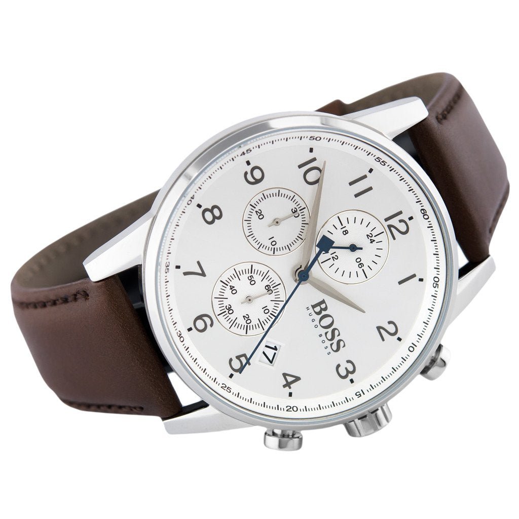 Hugo Boss Navigator White Dial Brown Leather Strap Watch for Men - 1513495 Watches Hugo Boss   