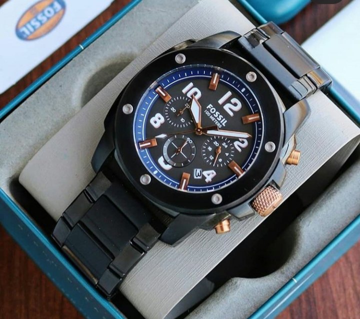 Fossil Modern Machine Chronograph Black Dial Blue Leather Strap Watch for Men - FS5066 Watches Fossil   