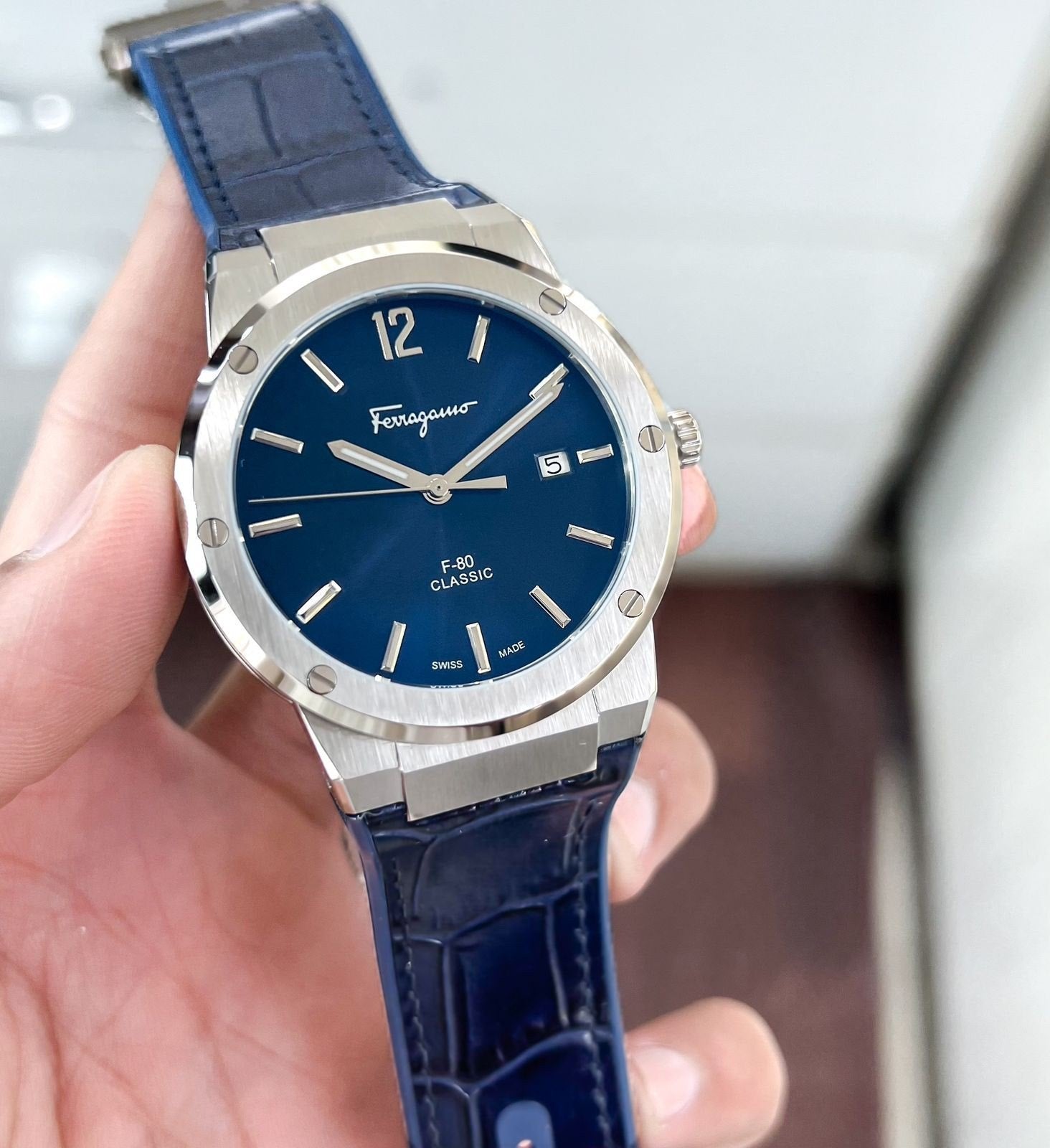 Salvatore Ferragamo F-80 Classic Blue Dial Blue Leather Strap Watch for Men - SFDT00319 Watches Salvatore Ferragamo   