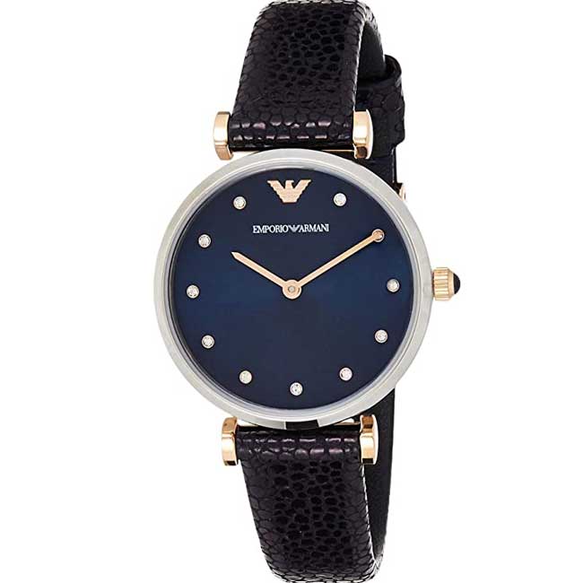 Emporio Armani Gianni T Bar Analog Blue Dial Black Leather Strap Watch For Women - AR1989 Watches Emporio Armani   