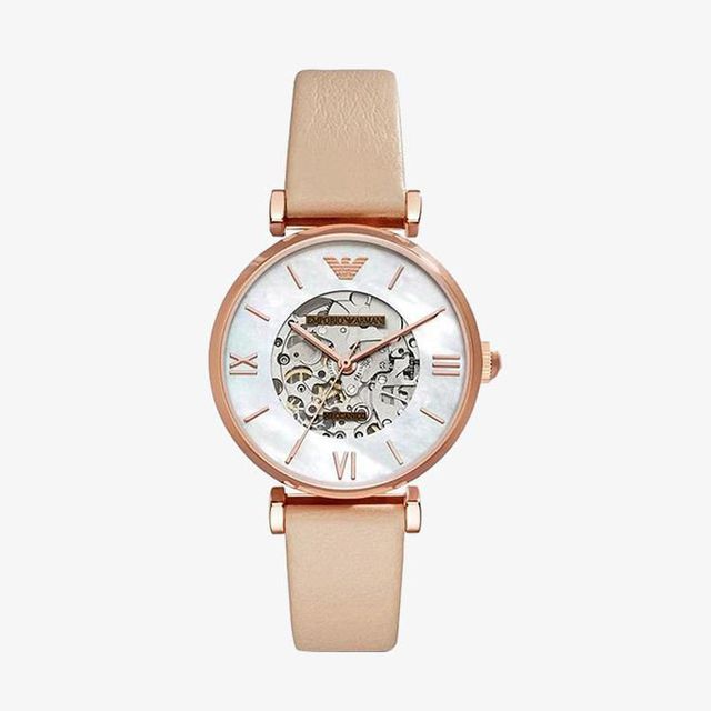 Emporio Armani Meccanico Silver Skeleton Dial Beige Leather Strap Watch For Women - AR60001 Watches Emporio Armani   