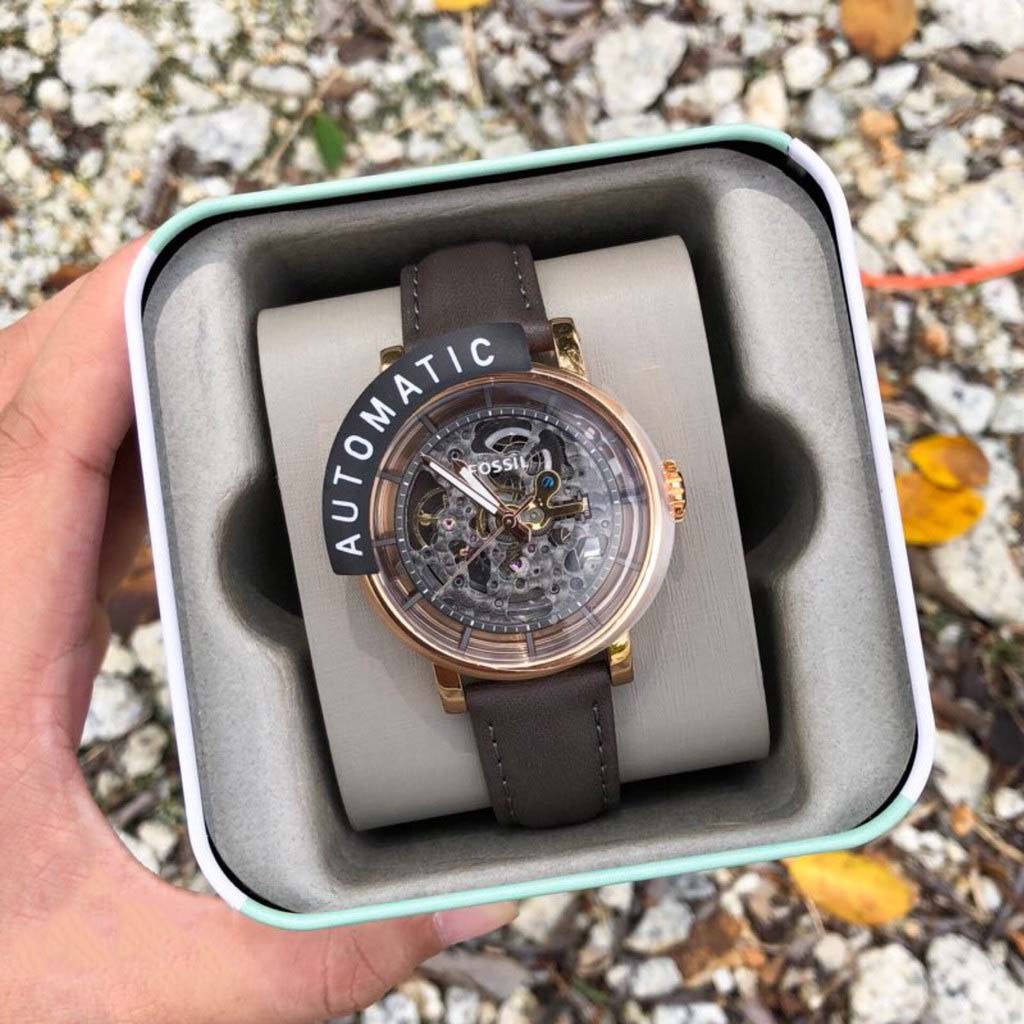 Fossil Boyfriend Automatic Skeleton Grey Dial Grey Leather Strap Watch for Women - ME3089 Watches Fossil   